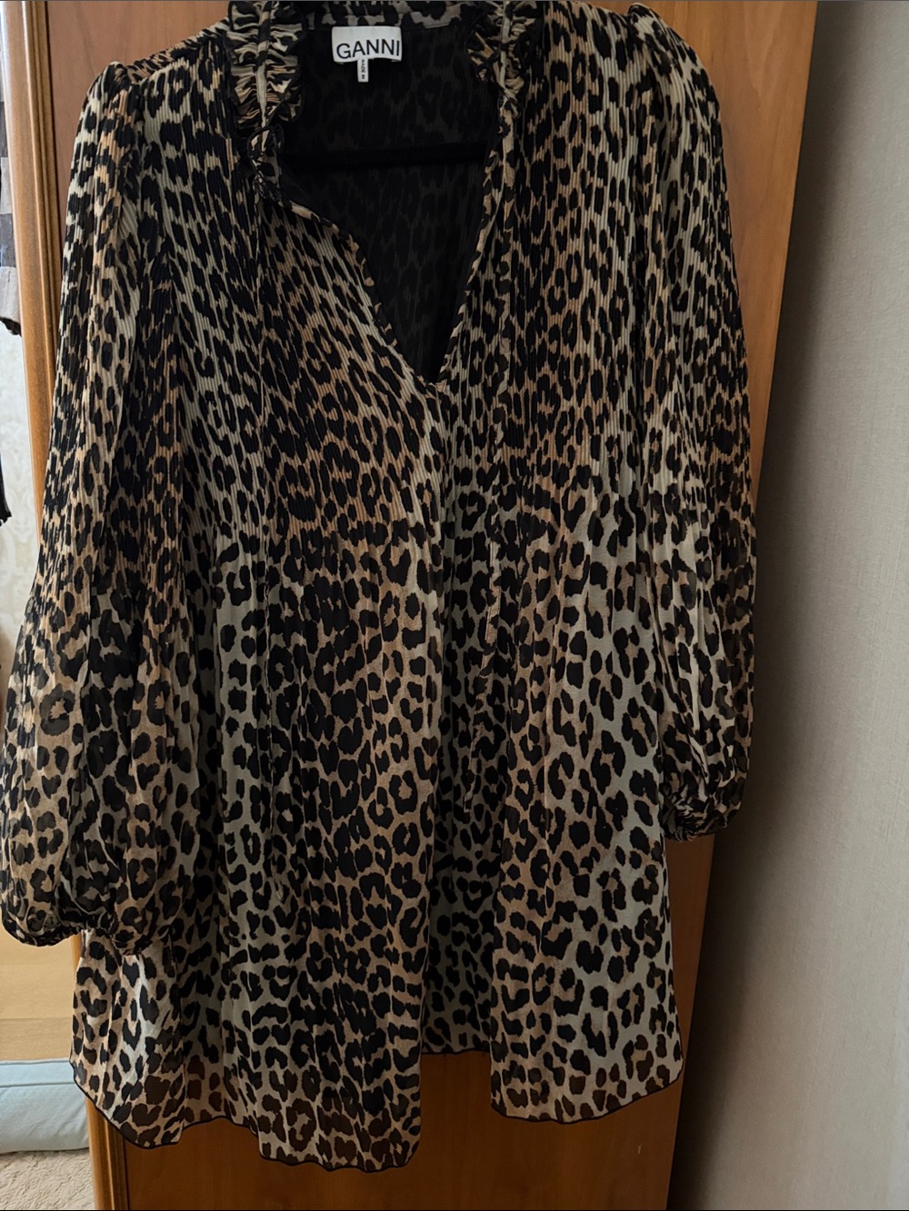 Ganni Leopard-Print Puff Sleeve dressin Tan and Black